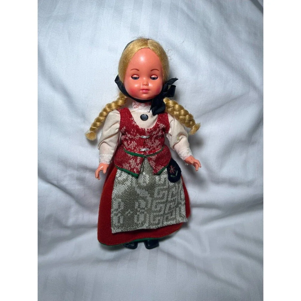 Vintage Scandinavian Folk Doll Blonde Braids Ethnic Costume 8 1/2” Norway Style